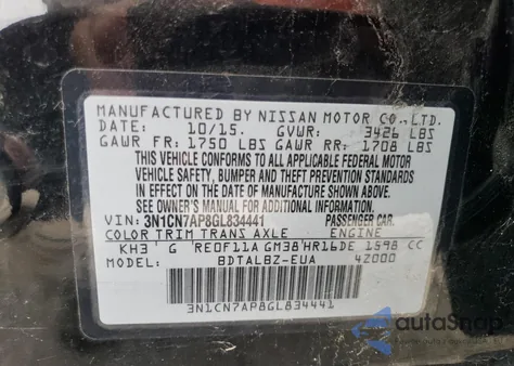 2016 Nissan Versa S z USA, uszkodzony, nr VIN 3N1CN7AP8GL834441
